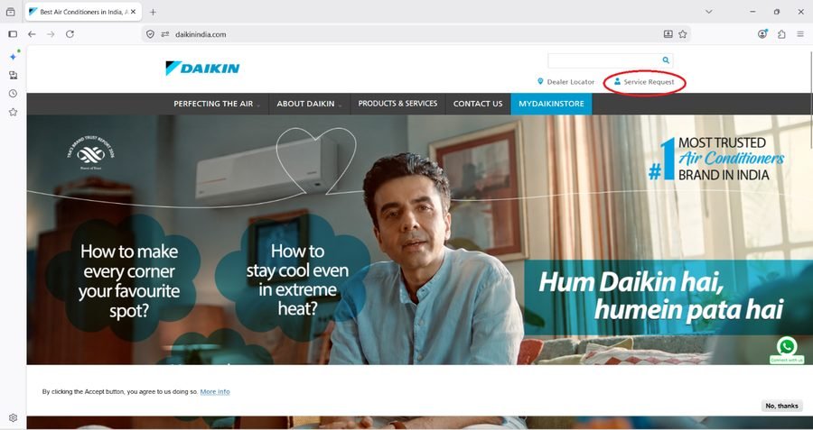 Daikin India website homepage showing the Service Request link