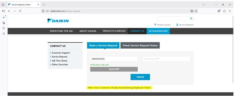 Daikin service request form asking for mobile number to send OTP