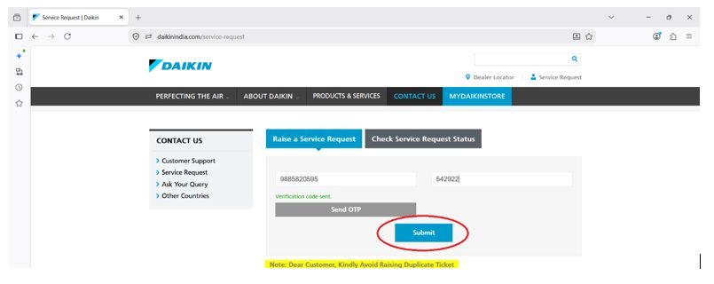 Daikin service request OTP verification screen