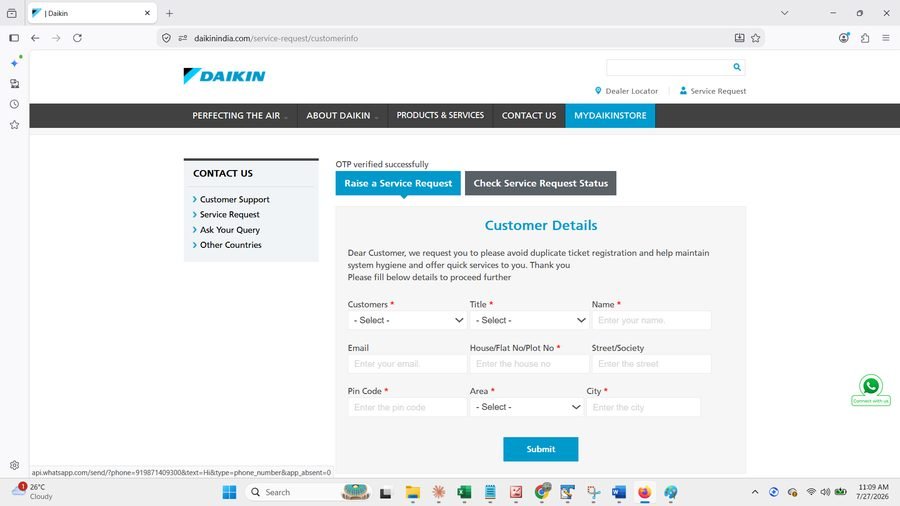 Daikin service request screen showing list of registered products to select from