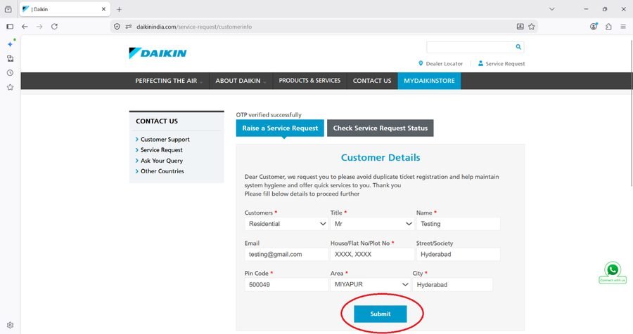 Daikin service request form for entering issue details