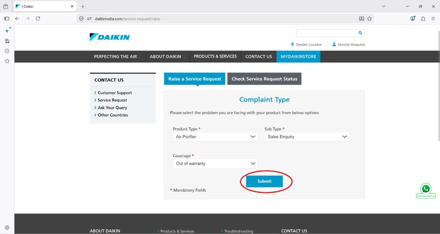 Daikin service request form for confirming product details