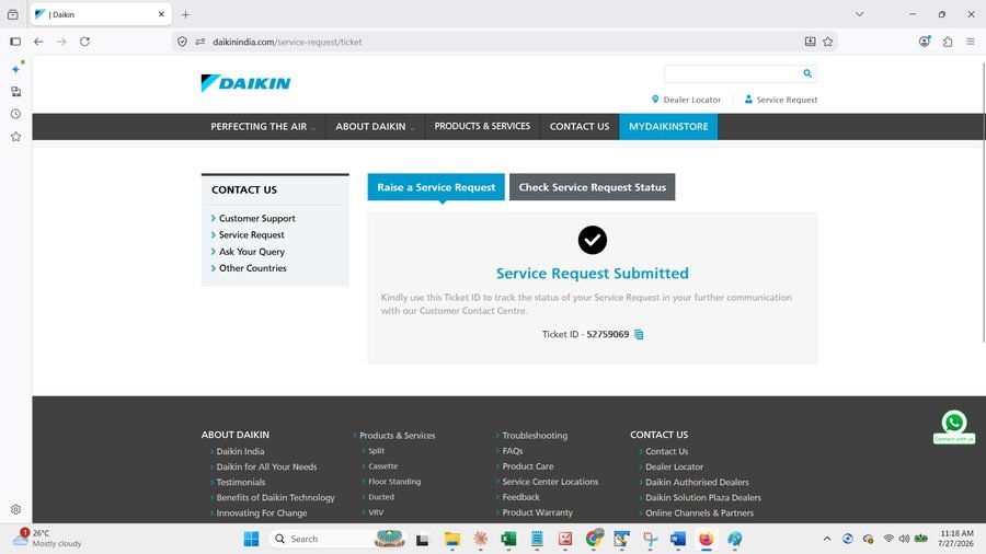 Daikin service request confirmation screen showing successful submission